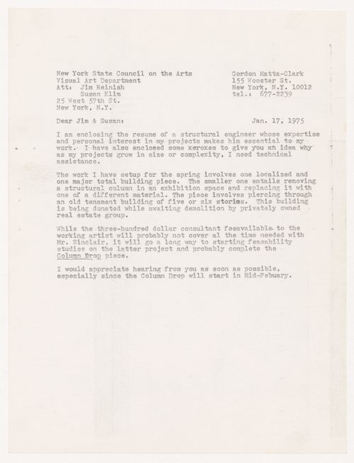Letter from Gordon Matta-Clark to New York State Council on the Arts, Visual Arts Department, with attention to Jim Reinish and Susan Kilm
