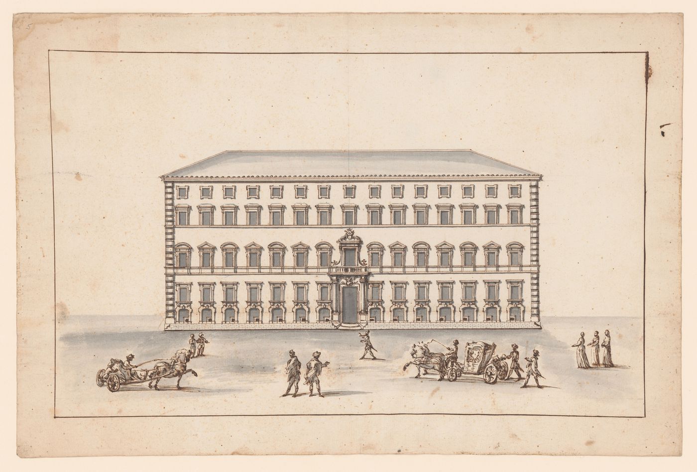 Elevation for the front façade of a Roman palazzo with a coach, a carriage and several standing figures