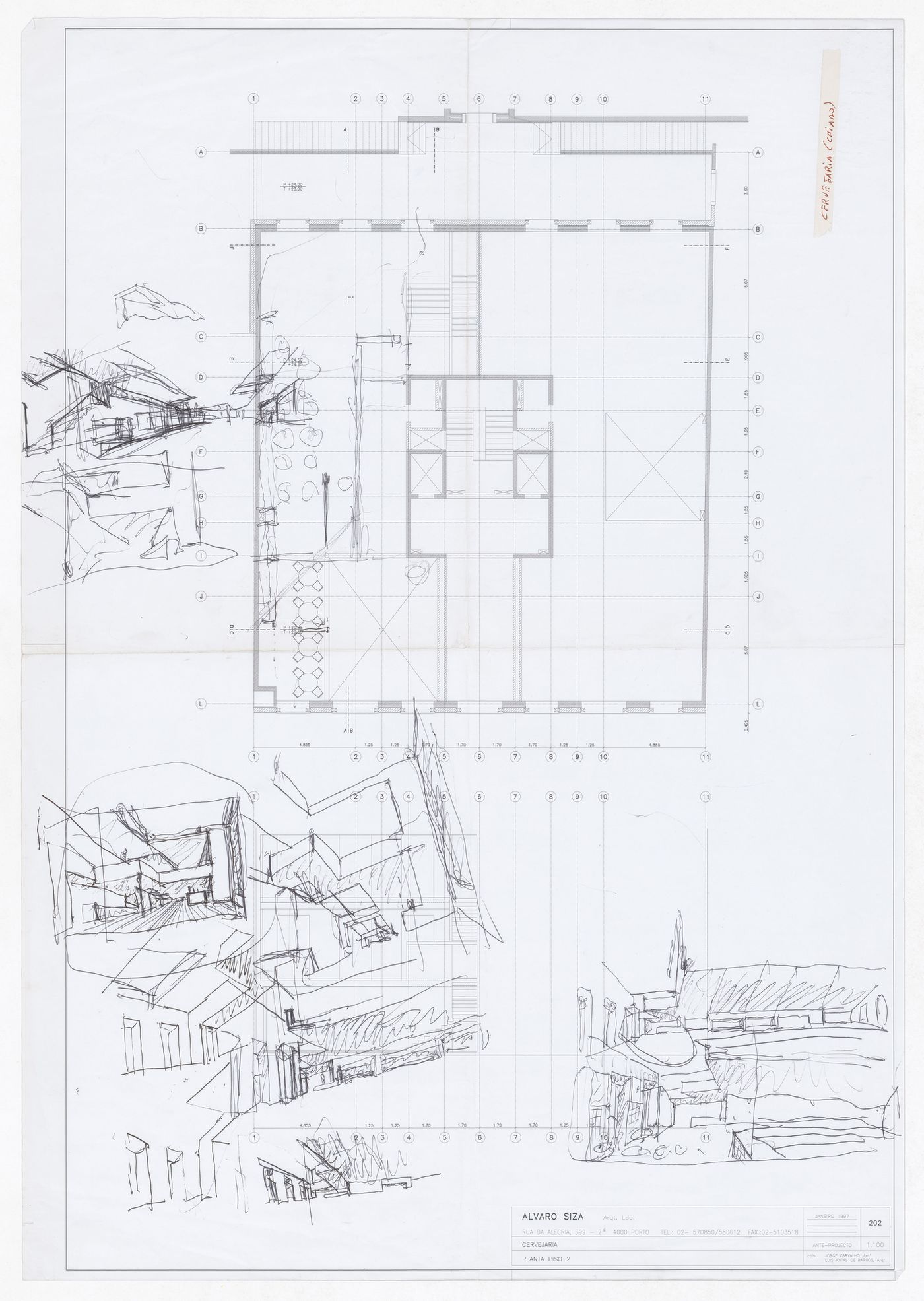 Second floor plan and sketch perspectives for Nova Cervejaria, Lisbon, Portugal