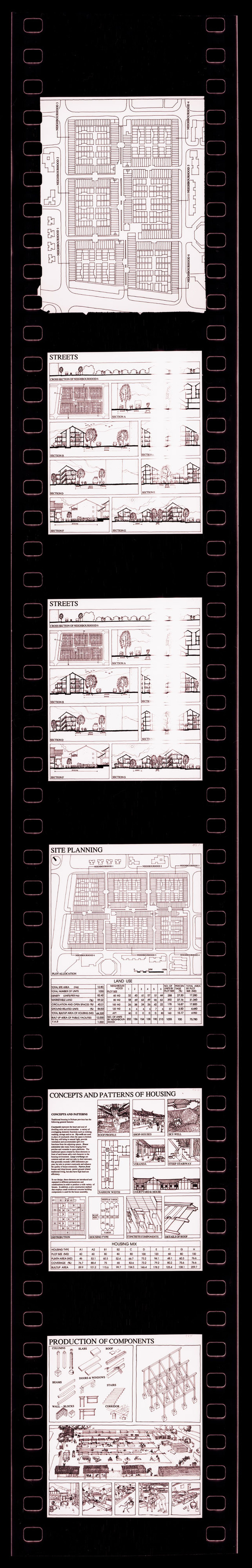 Negative strip of illustrations for the publication "Housing a Billion: Urban Upgrading: Design Ideals for Rural China" publication
