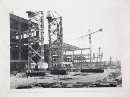 View of cranes used for construction of steel structure for power station, United Kingdom