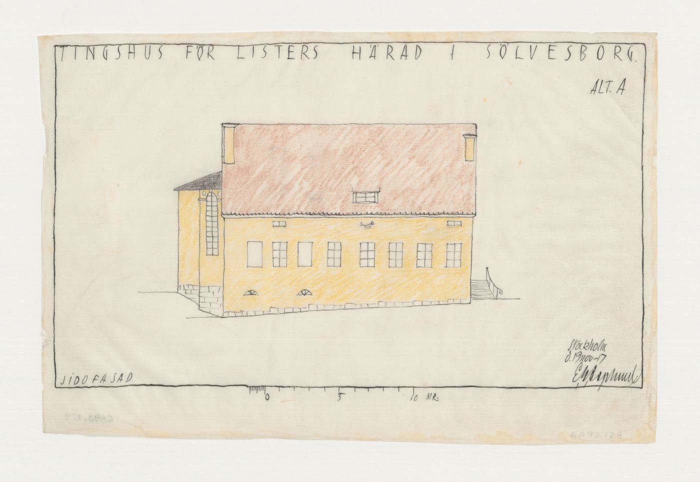 South elevation for Lister härads tingshus showing a circular courtroom, Sölvesborg, Sweden