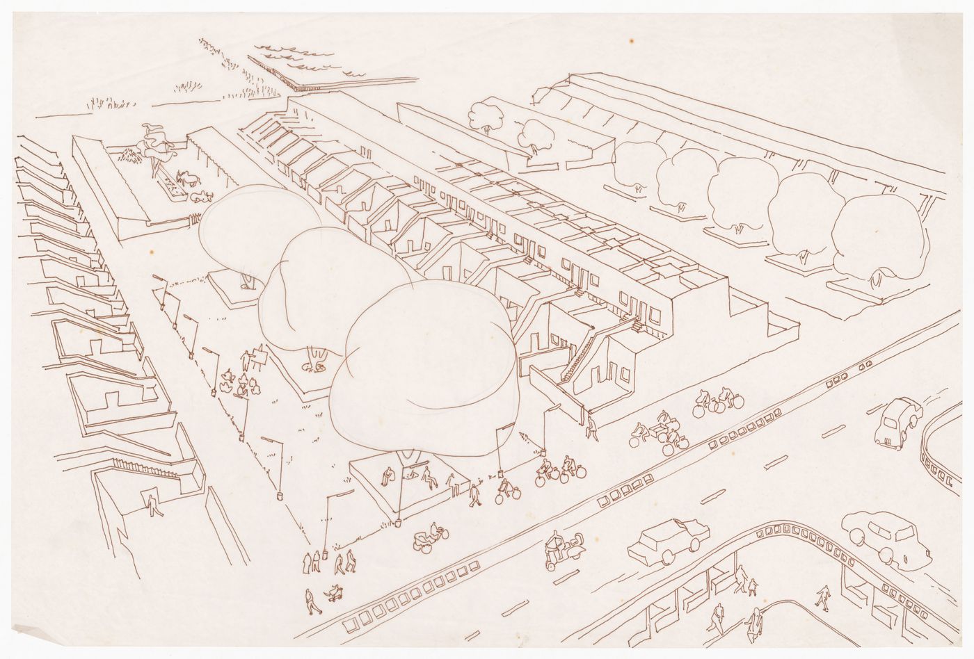 Axonometric drawing of city blocks for Linear city, Chandigarh, India