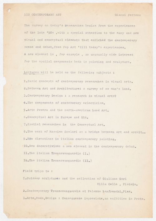 Course outline for Pettena teaching at the University of Florence