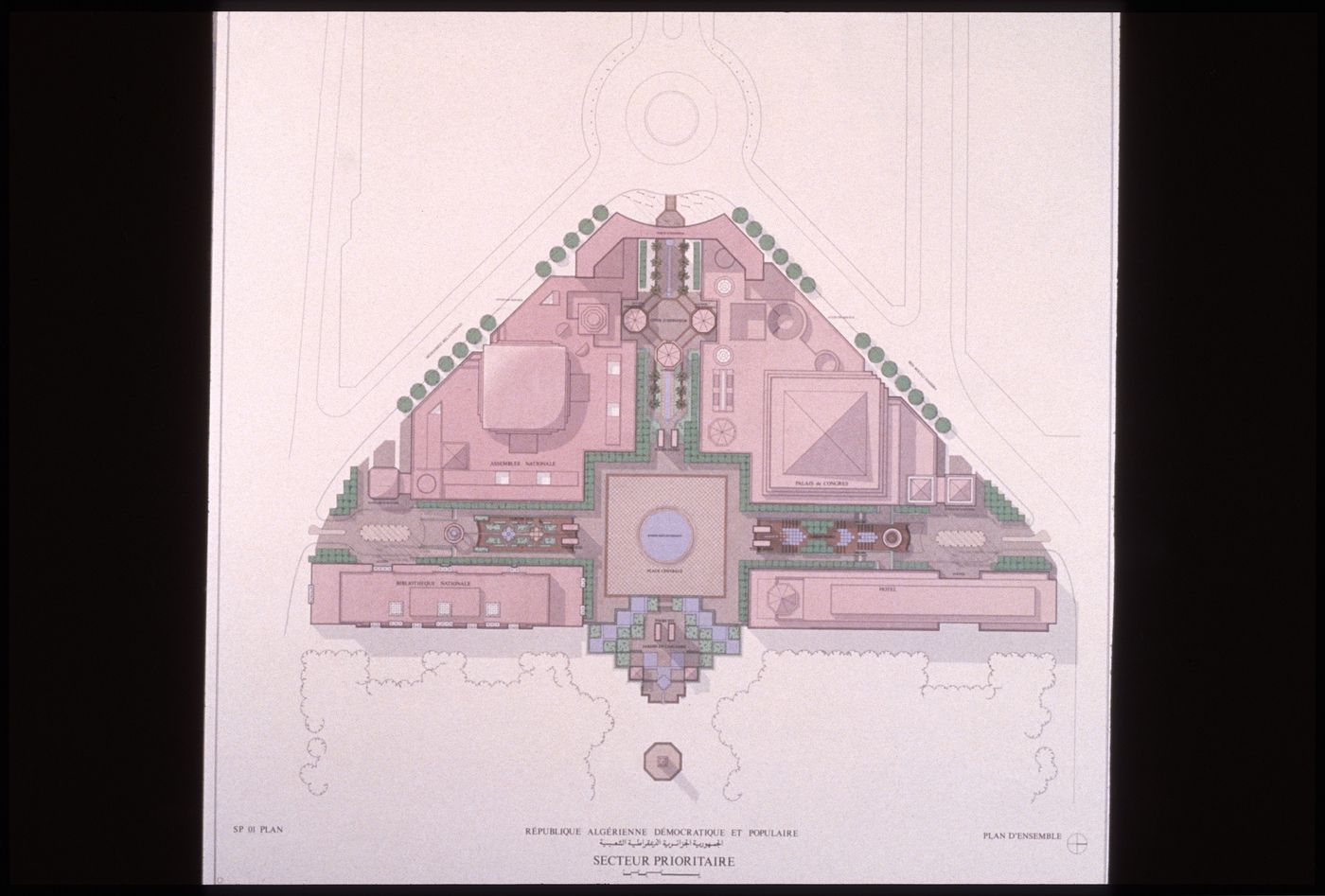 View of rendered plan for Hamma Government Complex, Algiers, Algeria