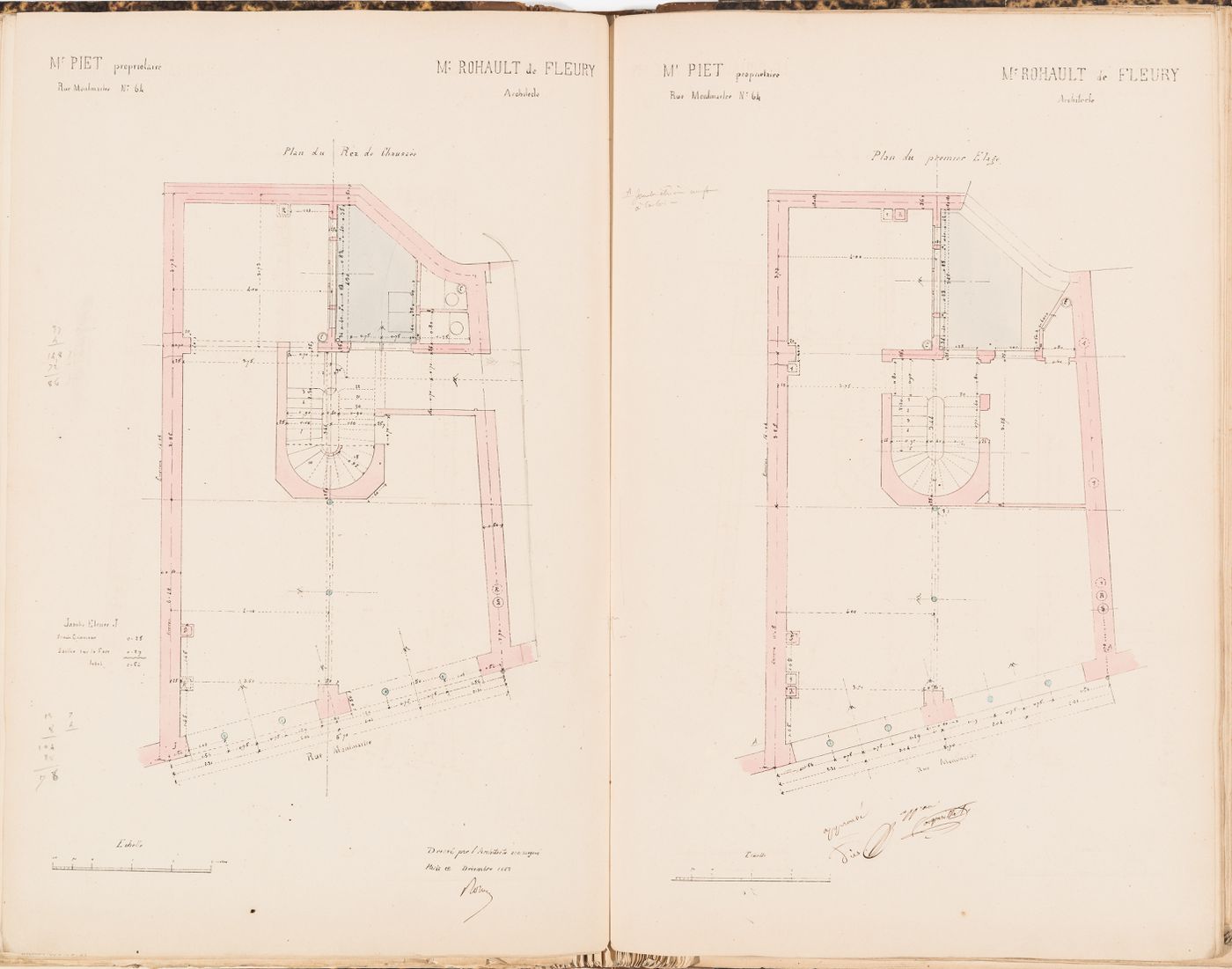 Contract drawing for an apartment house for Monsieur Piet, 64 rue Montmartre, Paris: Ground and first floor plans