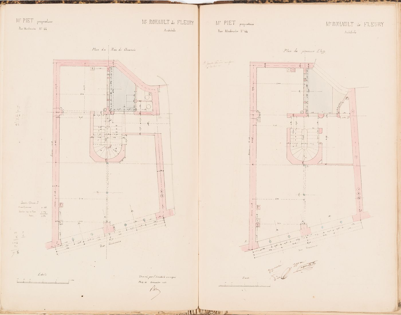Contract drawing for an apartment house for Monsieur Piet, 64 rue Montmartre, Paris: Ground and first floor plans