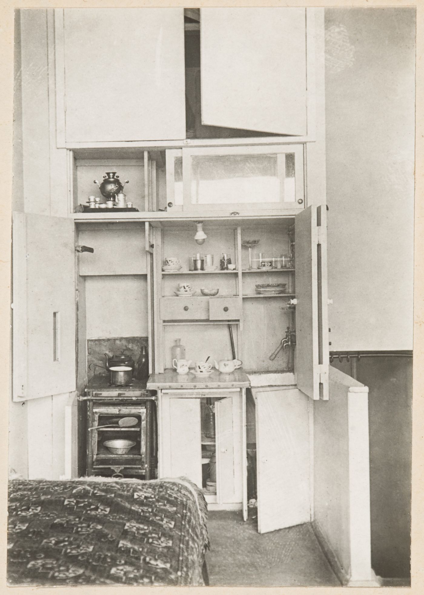 Interior view of a Type F unit apartment showing a built-in kitchen, 8 Gogolevskii Boulevard, Moscow, USSR