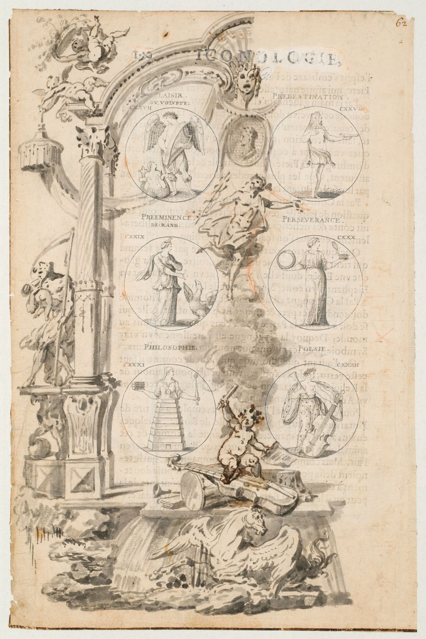 Ornemental drawing of a baldaquin over a fountain / Dessin ornemantal d'un baldaquin surmontant une fontaine