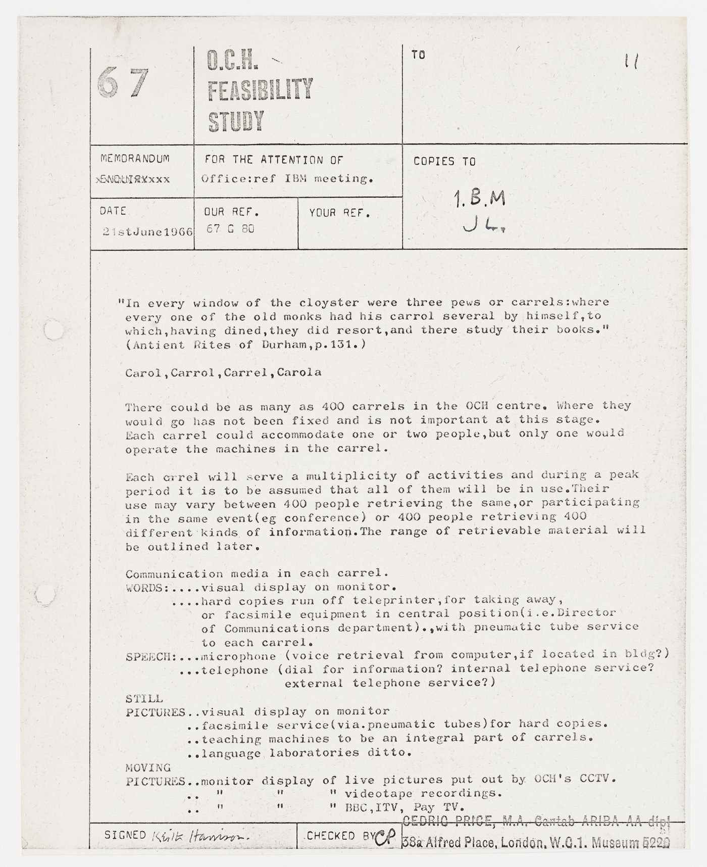 O.C.H. Feasibility Study: Memorandum to IBM