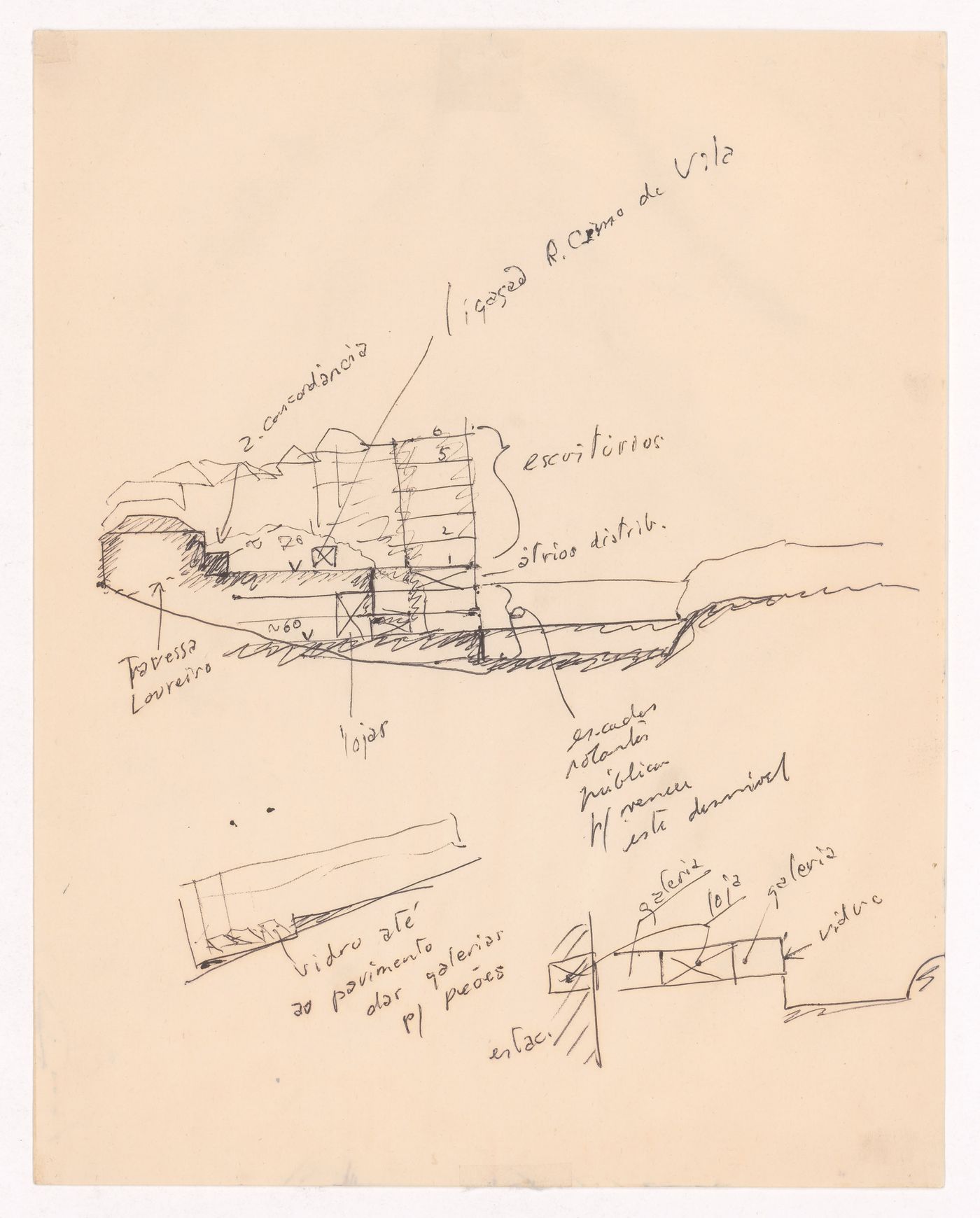 Sketch section with annotations for Edifício de Escritórios na Av. D. Afonso Henriques, Porto, Portugal