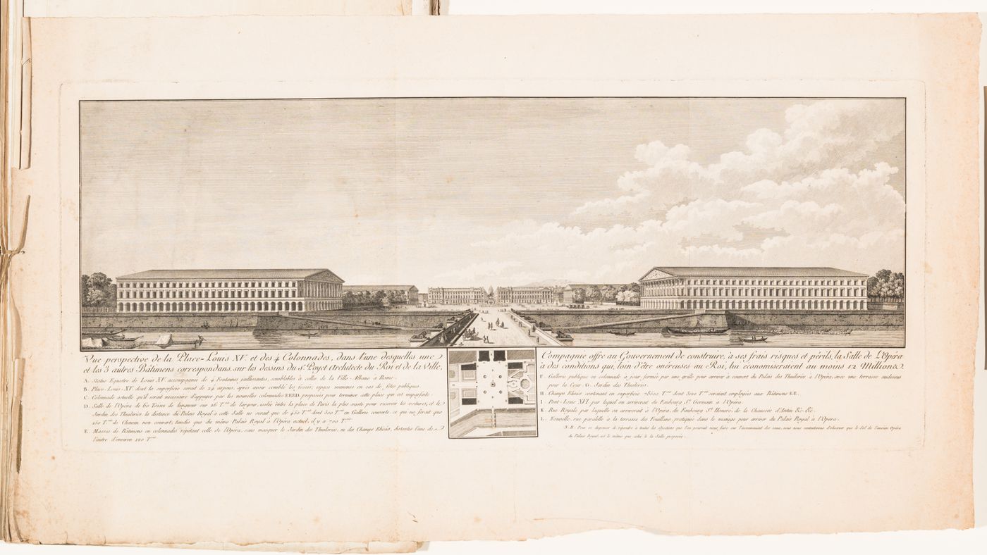 Perspectival view and plan for place Louis XV, including the surrounding buildings and an opera house