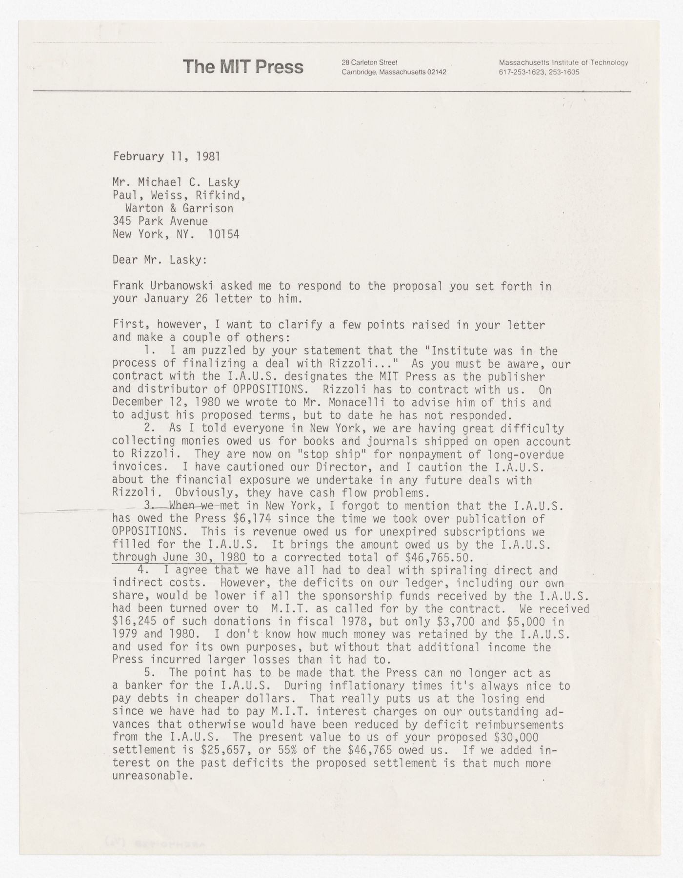 Letter from Michael Leonard to Michael C. Lasky about distribution rights and financial status of Oppositions Journal