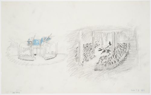 Interior sketch perspectives for the Chapel of the Holy Cross showing a service underway, Woodland Crematorium, Woodland Cemetery, Stockholm, Sweden