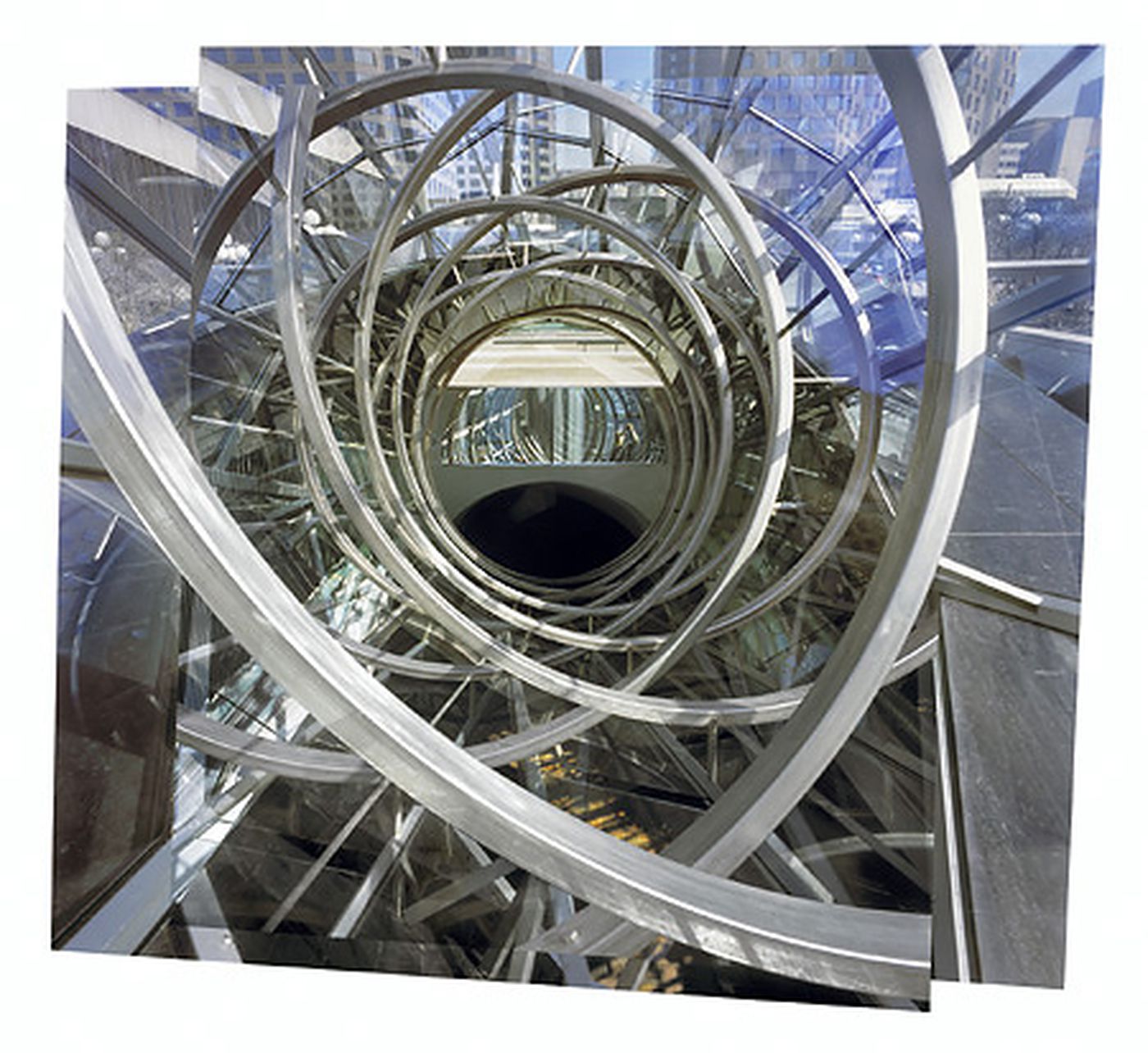 Photomontage showing interior views of a spiral structure at the Place des Arts, Montréal, Québec