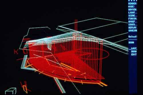 Screen capture of an AutoCAD file of a wire-frame model of the stairs at the bridge landing for Erasmus Bridge