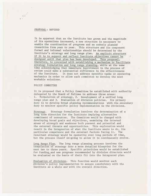 Memorandum from Peter Wolf to the Fellows with attached revised proposal to form a policy committee