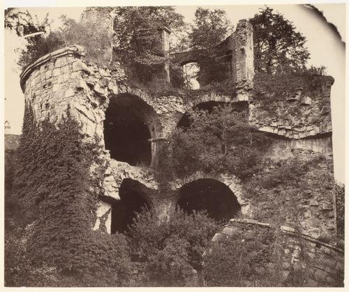 View of upper section of remains of a tower covered with vegetation, Heidelberg Castle, Heidelberg, Germany