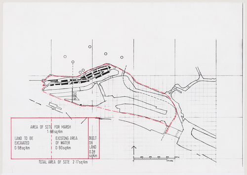 Duck Land: plan showing the area of the site for a marsh, with, a table of plants for Duck Land showing colours, months of the year, heights and kinds of terrain