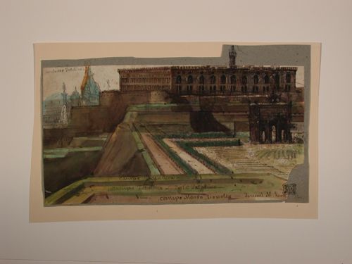 Visionary design for a palace elevated on ramparts, with a garden and triumphal arch in the foreground