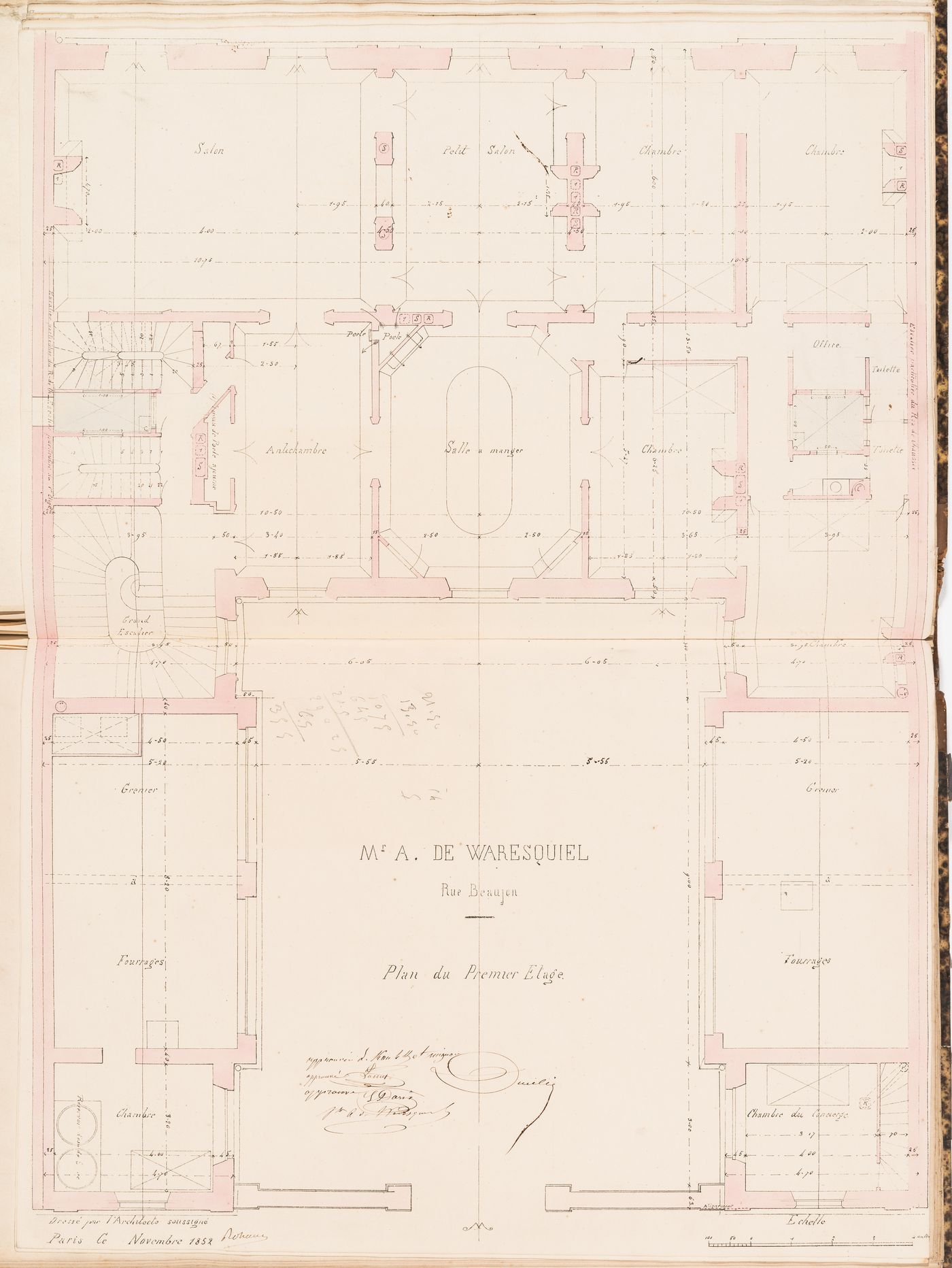 Contract drawing for a house for Monsieur A. Waresquiel, rue Beaujon, Paris: First floor plan