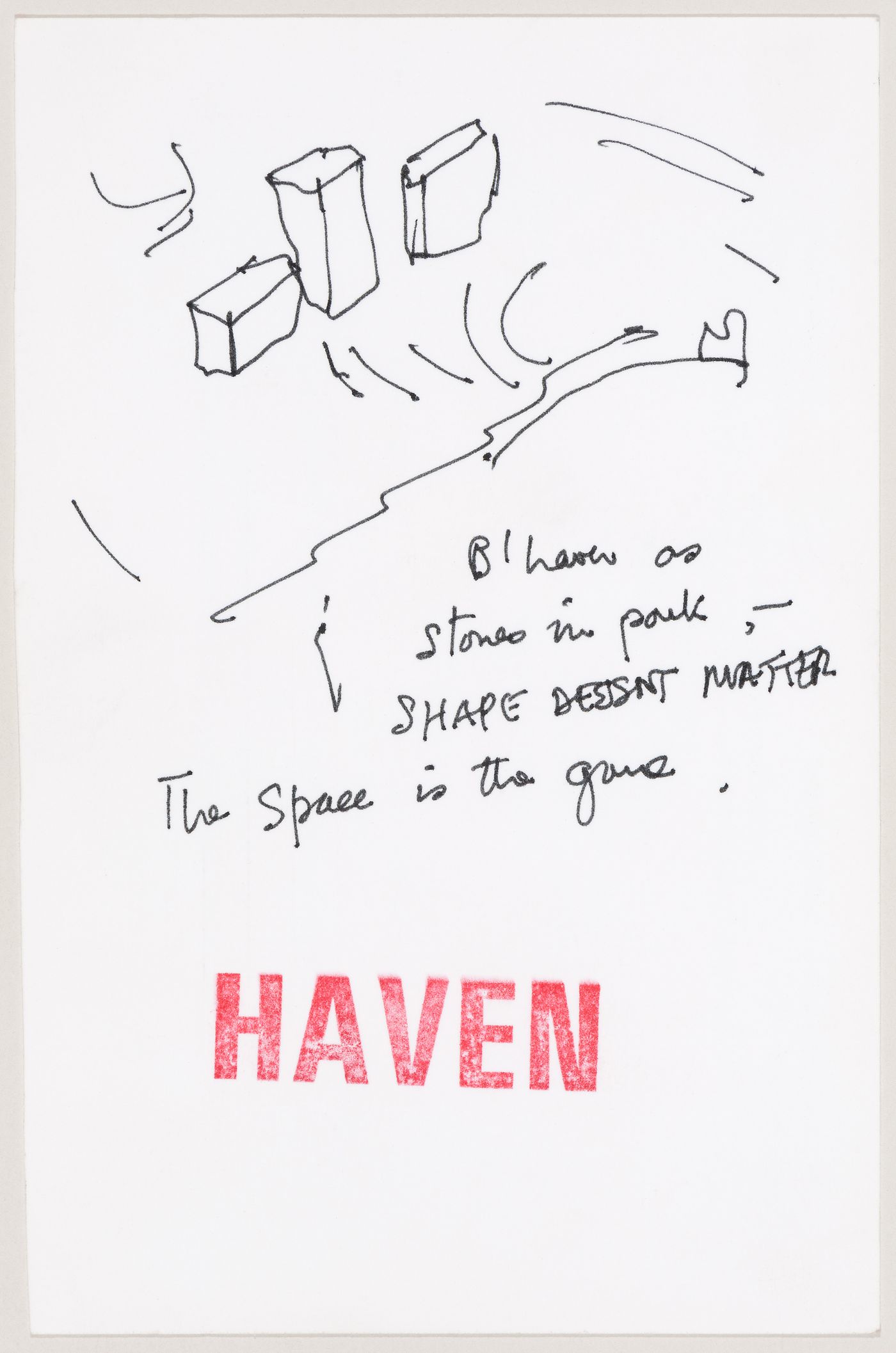 Sketch for Haven project: "B'haven as stones in park ... "; verso: Printed invitation to 3rd Annual Academy Architecture Lecture by Dr. Kisho Kurokawa