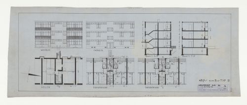 Basement, ground, and first floor plans, east and west elevations, and sections for a type B housing unit, Hellerhof Housing Estate, Frankfurt am Main, Germany