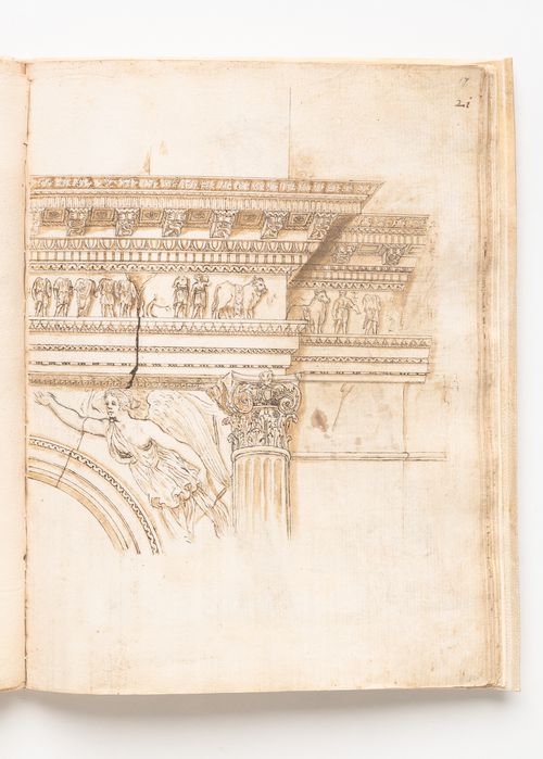 Detail of the east side of the Arch of Titus, Rome; verso and folio 22: Corner of pediment of the Frontispicium Neronis, Rome (now demolished)