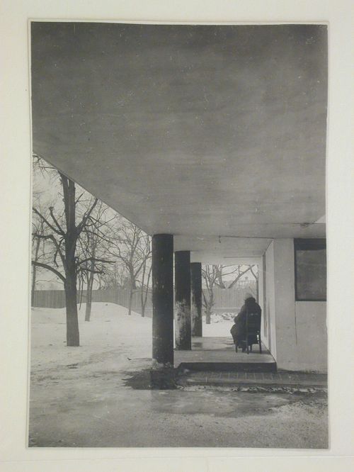 Exterior view of the pilotis of the People's Commissariat for Finance (Narkomfin) Apartment Building, 25 Novinskii Boulevard, Moscow,