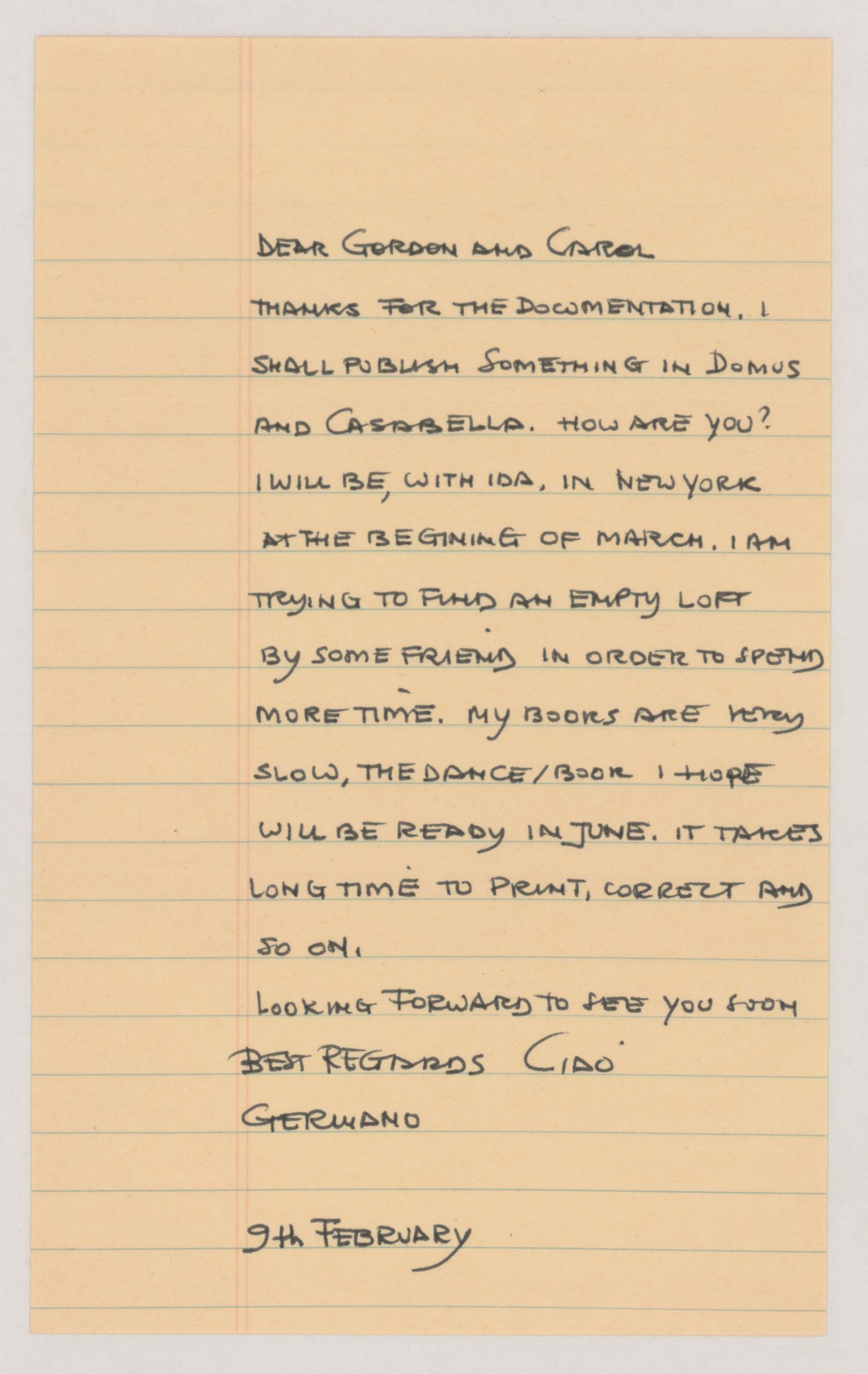 Letter from Germano Celant to Gordon Matta-Clark