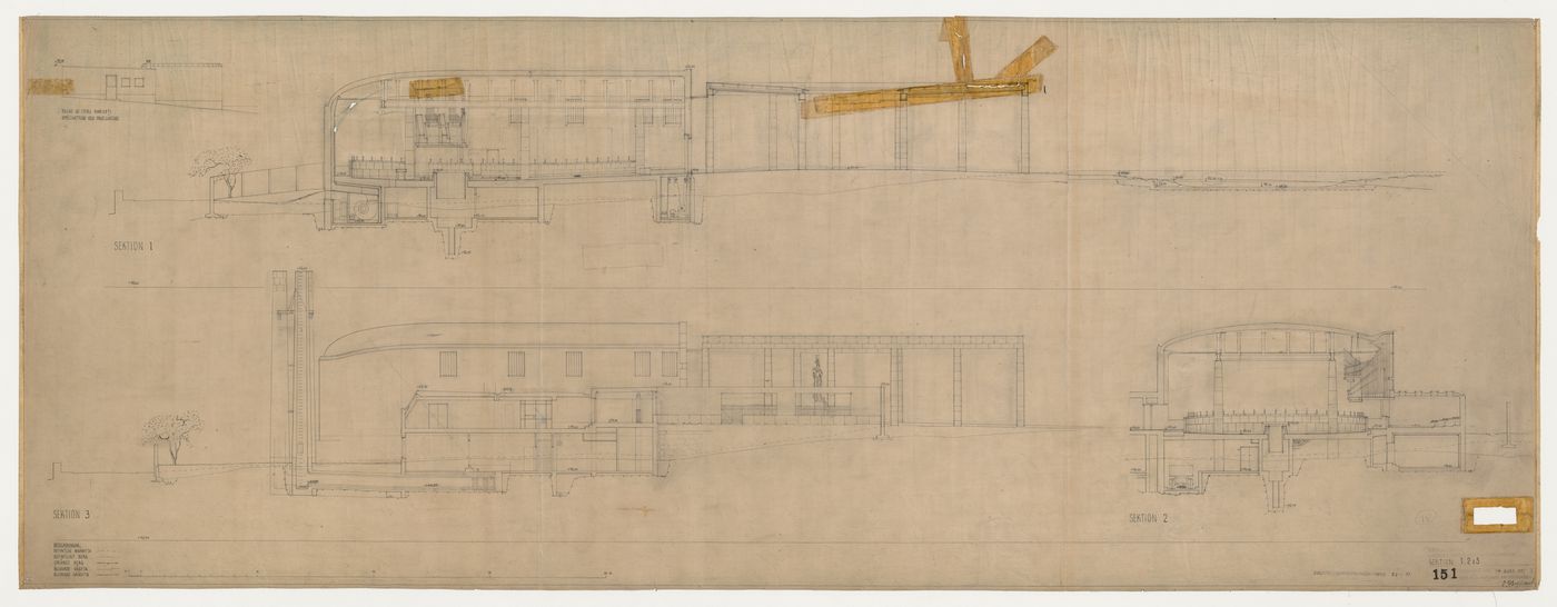 Sections 1 to 3 for Monument Hall showing Resurrection Monument, the Chapel of the Holy Cross and a rear elevation for the chapels' office and organ loft, Woodland Crematorium, Woodland Cemetery, Stockholm, Sweden
