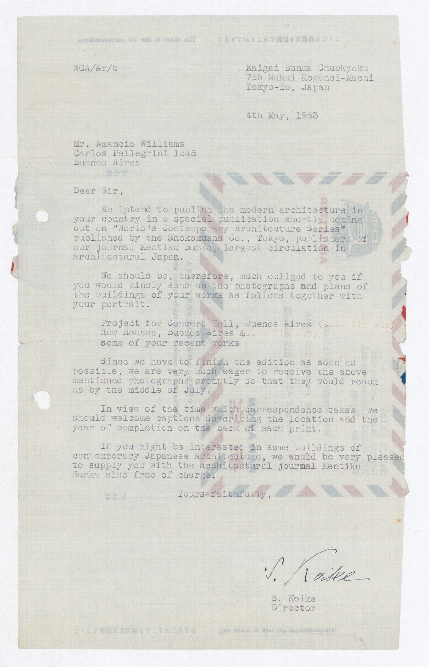 Correspondence, letter to Amancio Williams from S. Koike