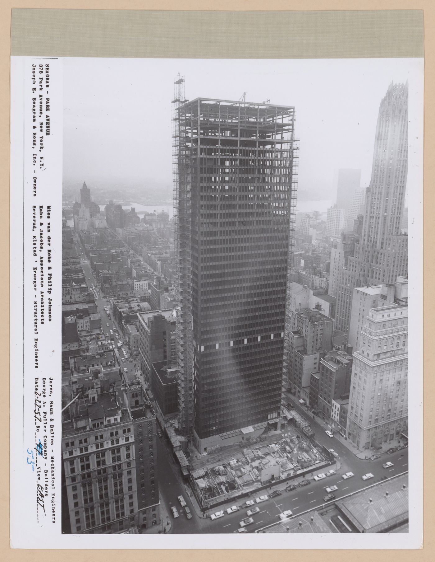 Seagram building under construction, 375 Park avenue, New York, N.Y., east view