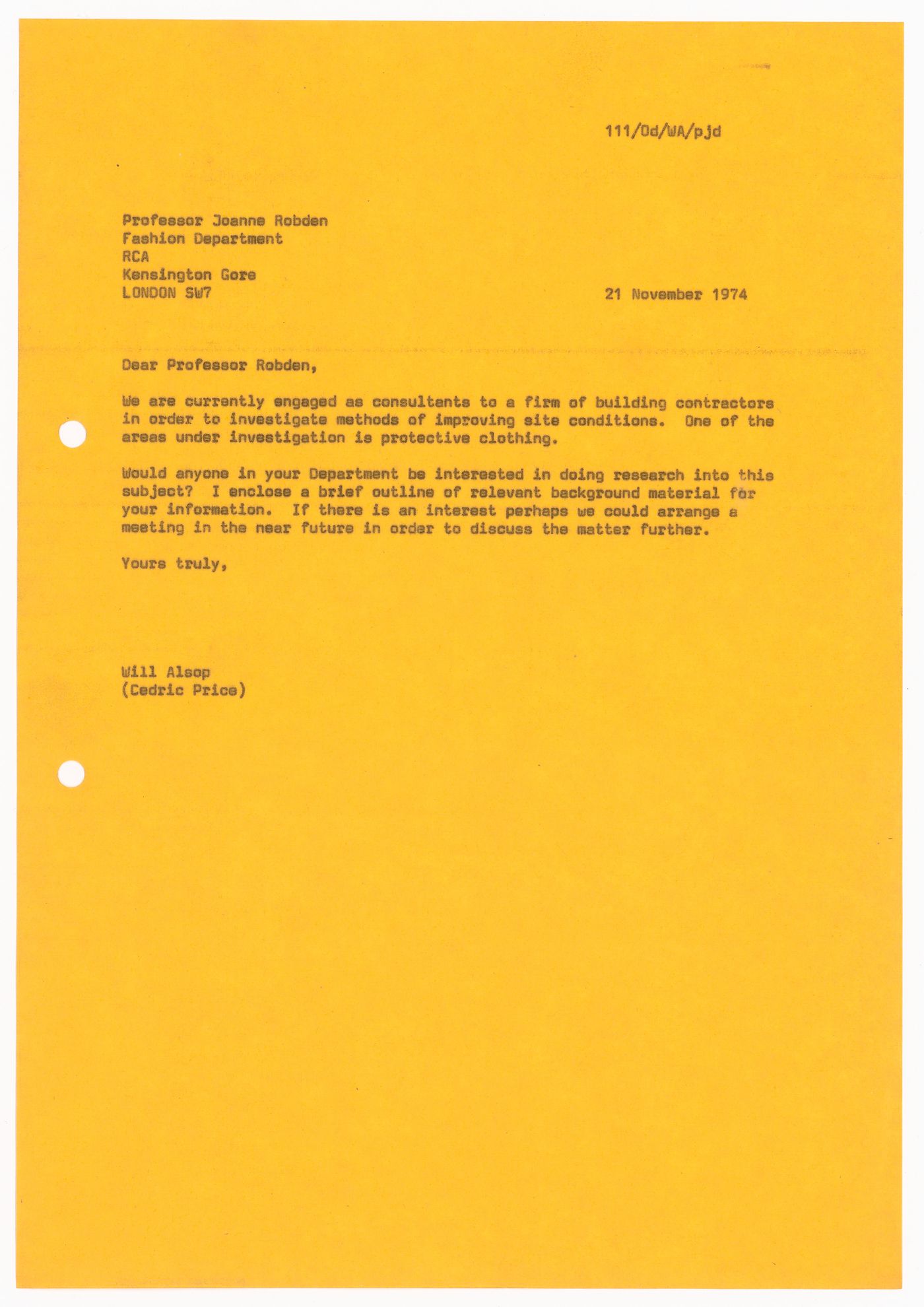 Letter from Will Alsop of the office of Cedric Price to Professor Joanne Robden of the Royal College of Art concerning research on protective clothing in conjunction with the McAppy project