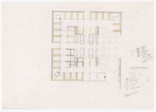 Floor plan with notes and calculations for Centro Cultural de Sines, Sines, Portugal
