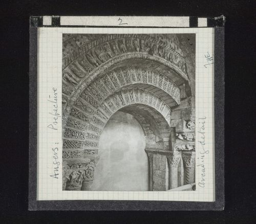 Detail view of blind arcade with carving in prefecture, Angers, France