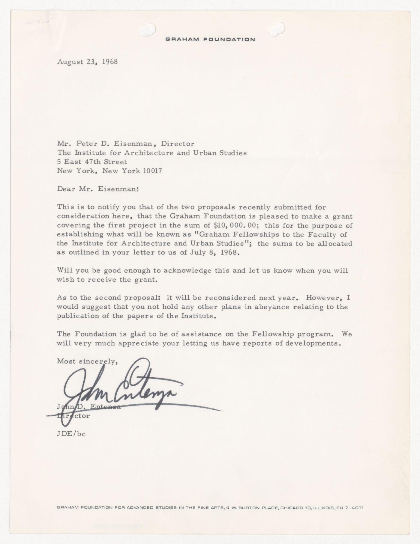Letter from John D. Entenza to Peter D. Eisenman about grants from the Graham Foundation