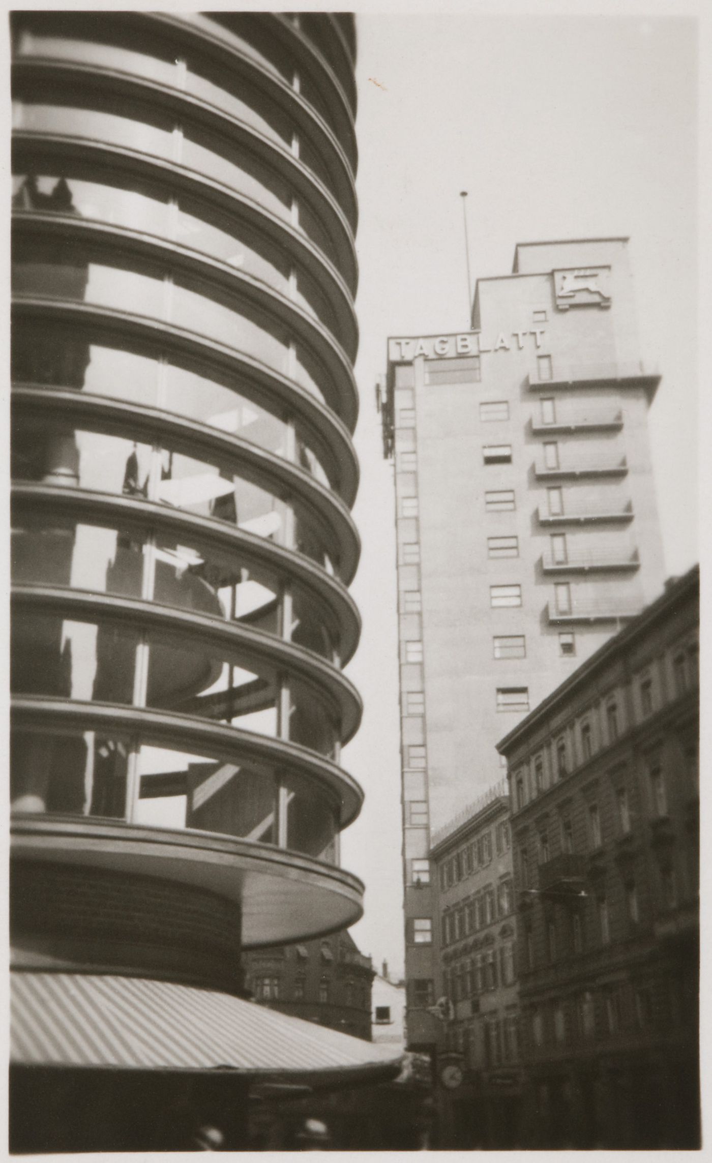 View of Tagblatt building and corner of Schocken department store, Stuttgart, Germany