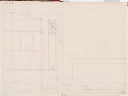 Elevation for a chimney stack showing the ornamentation, section indicating the arrangement of the chimney flues, and a detail for the chimney cap, Hôtel Soltykoff