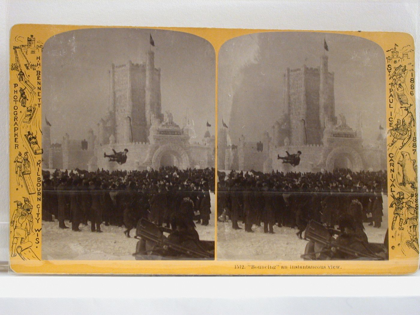 View of crowd facing ice palace at St.Paul's Ice Carnival, Minnesota