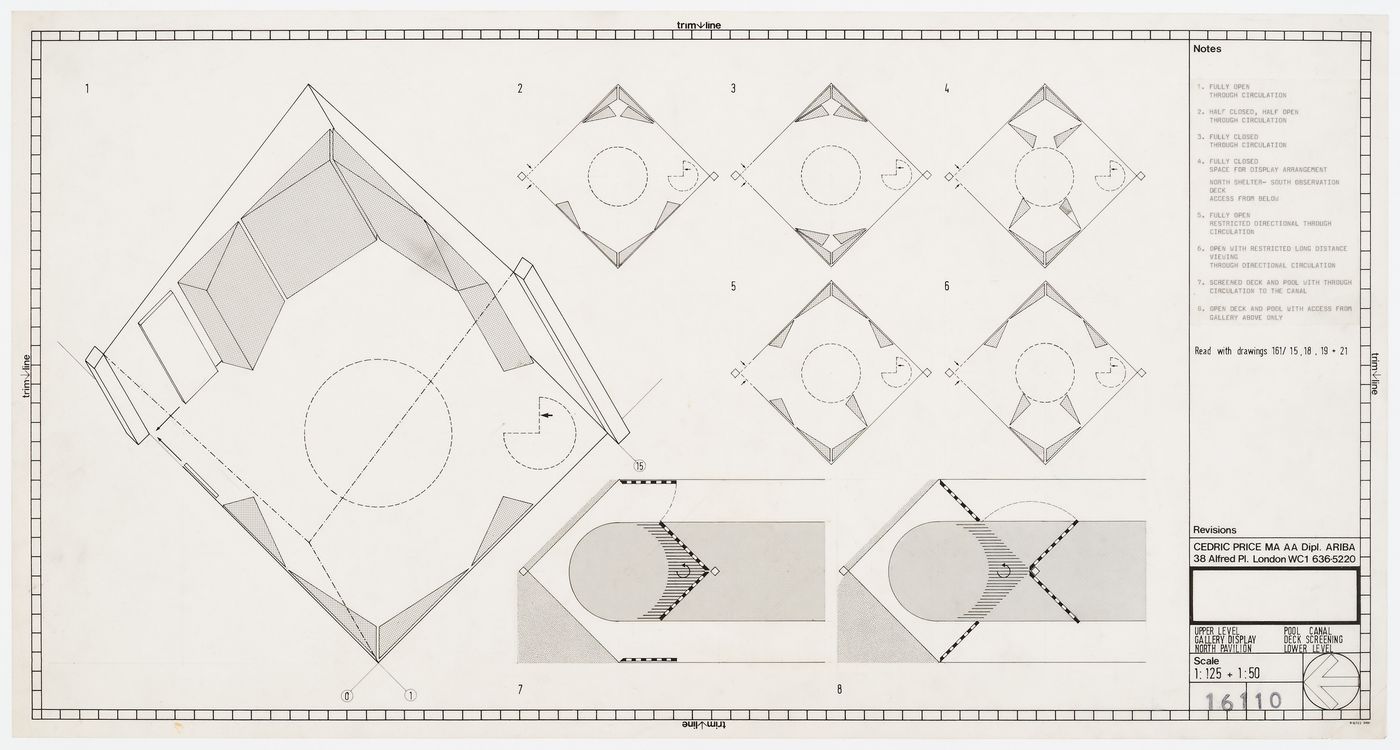 Perthpavs: North Pavilion: axonometric and plans for upper level gallery display and plans for lower level pool, canal and deck screening