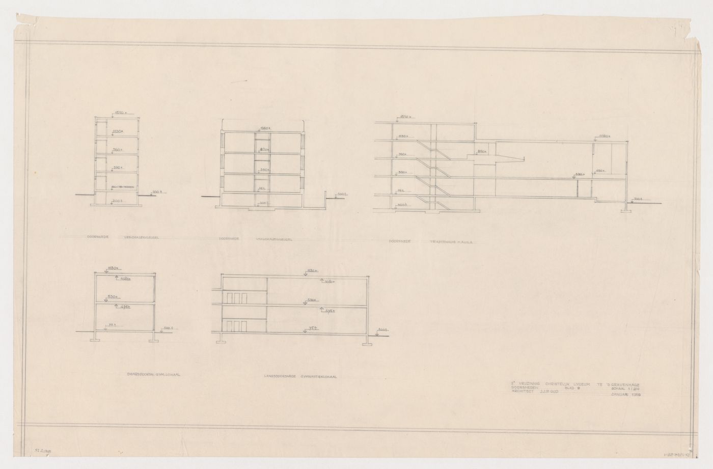 Sections for classroom wings, a gymnasium, stairs and an auditorium for the Second Liberal Christian Lyceum, The Hague, Netherlands