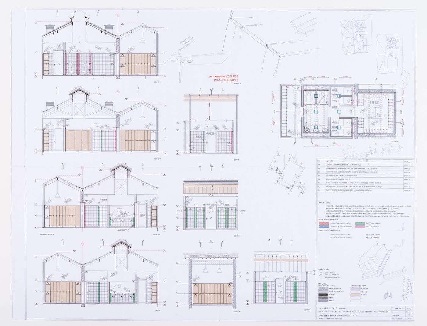 Annotated sections and floor plan for women's change room for Clubhouse de Vidago, Vidago