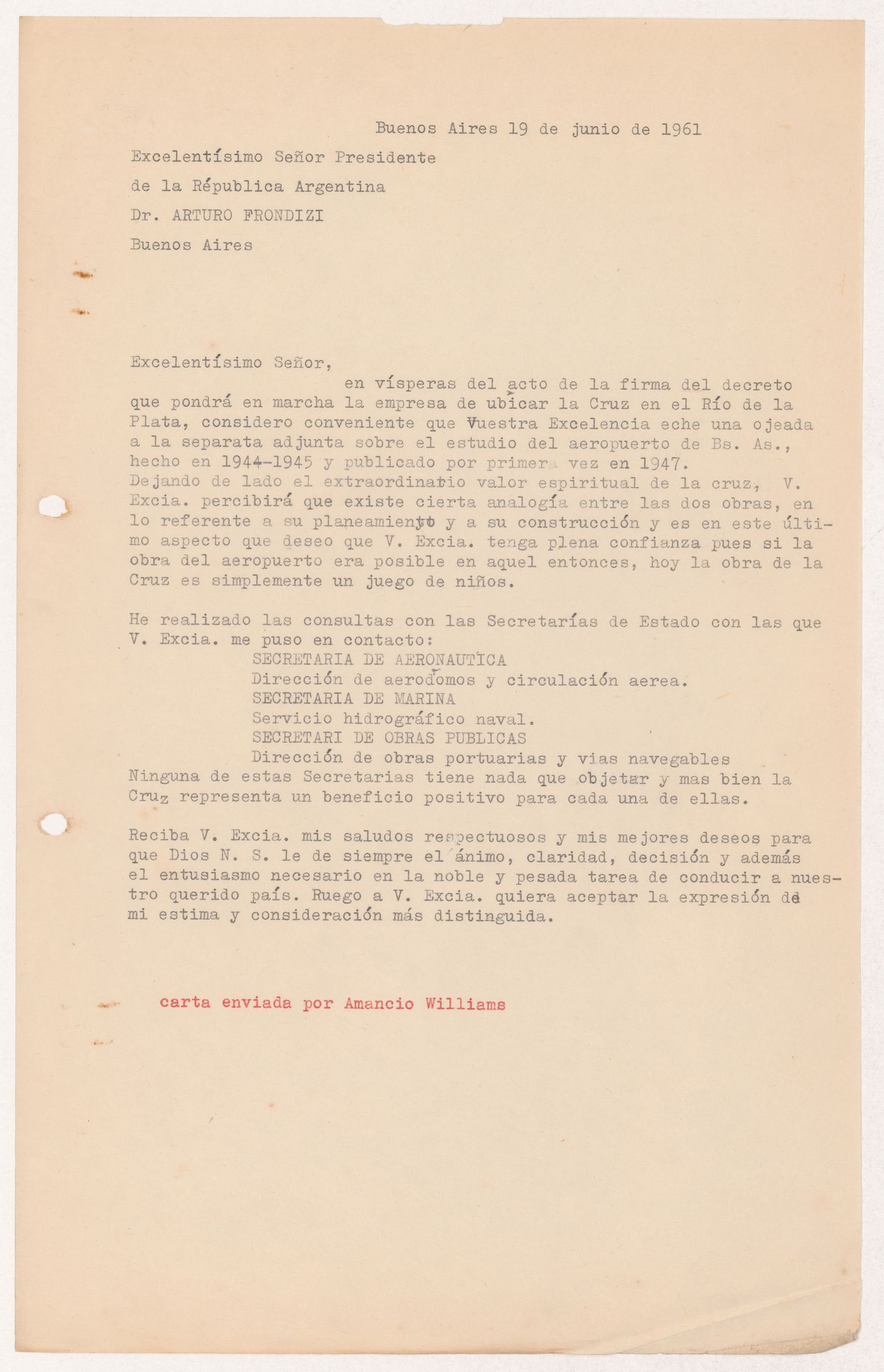 Correspondence with Arturo Frondizi for Cruz en el Rio de la Plata, Buenos Aires, Argentina
