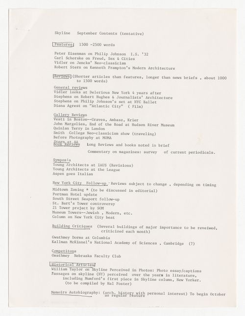 Content proposal for September, October, November and December issues of Skyline with list of contributors