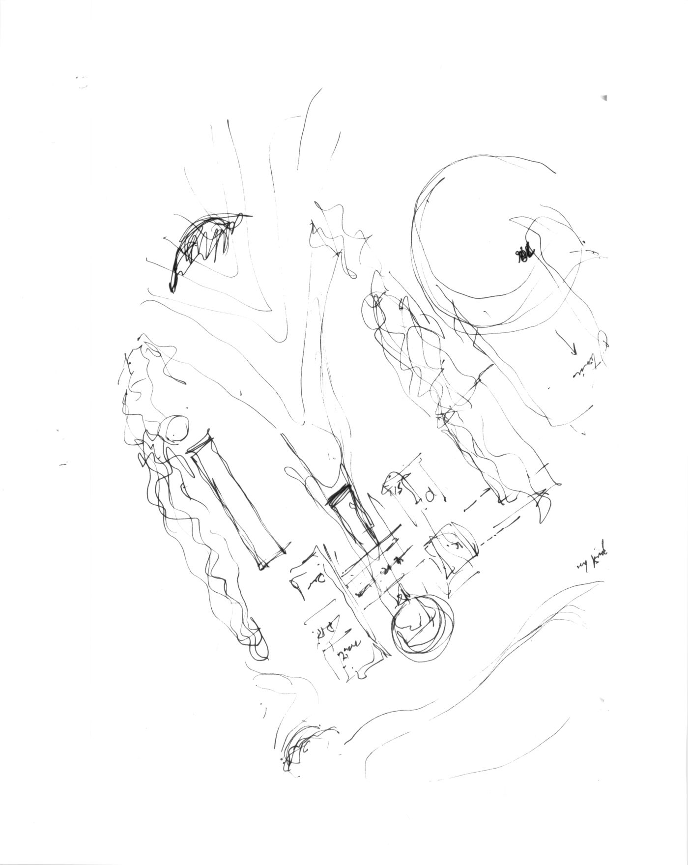 Plot plan with footprint of existing house, preliminary site plan showing land contours