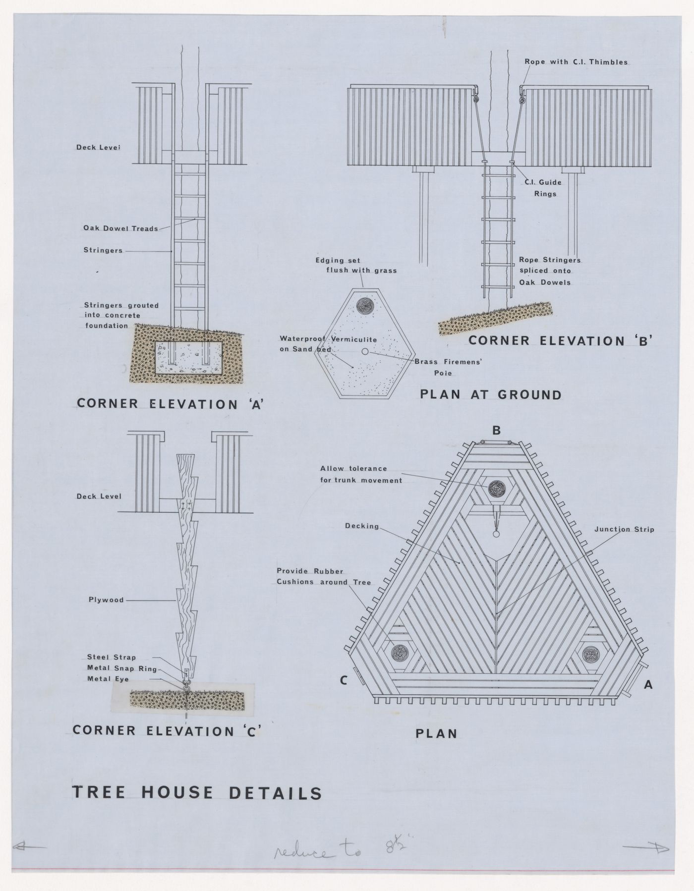 Plan and elevations for tree house for Children's Creative Centre Playground, Canadian Federal Pavilion, Expo '67, Montréal, Québec