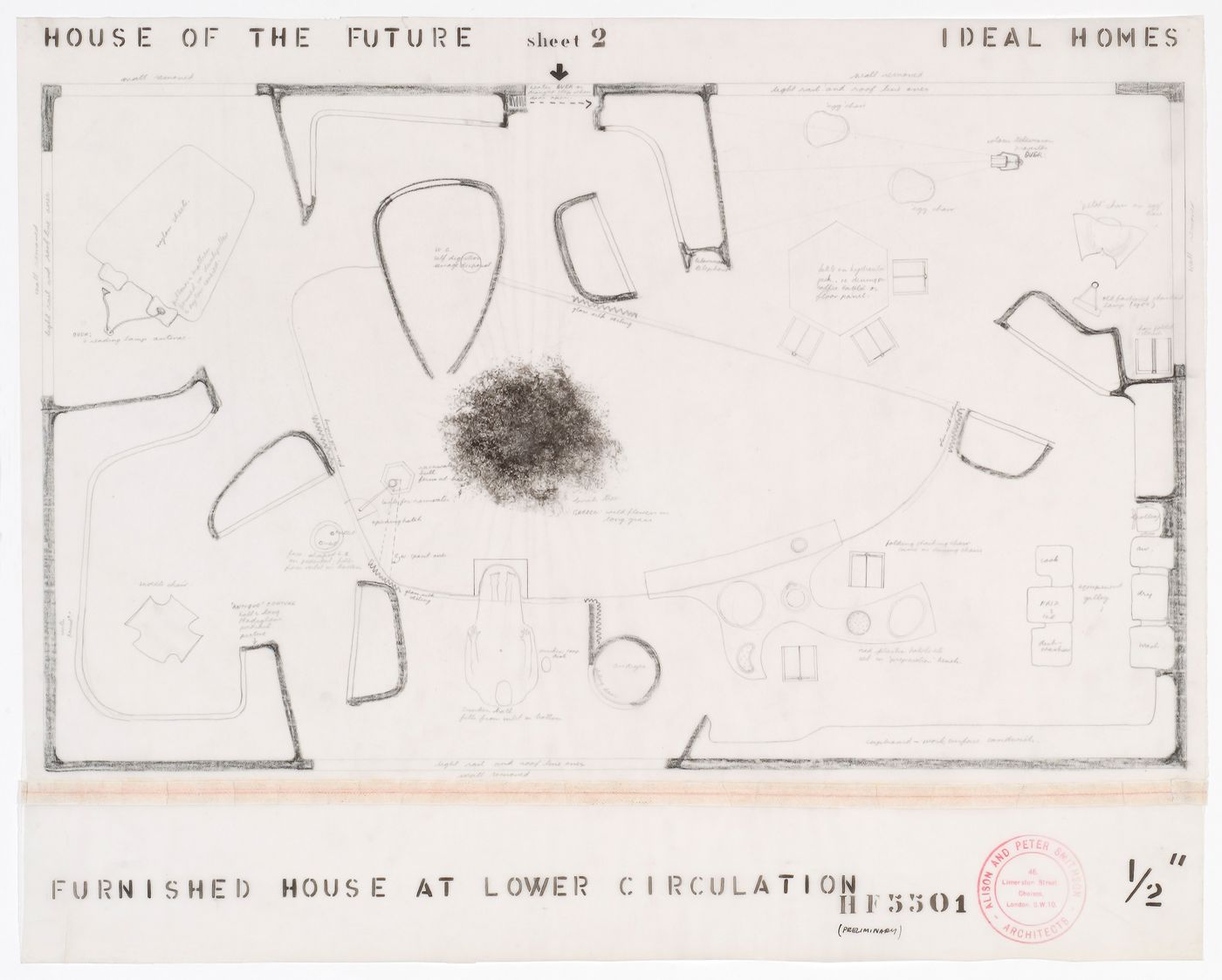 Plan for the middle level showing the arrangement of the furniture, House of the Future, Daily Mail Ideal Homes Exhibition, London, England