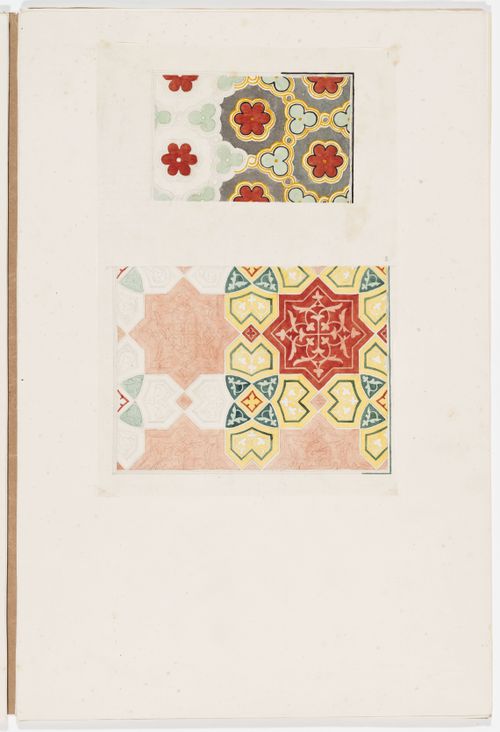 Ornament drawing of two panels decorated with foliage and geometric shapes