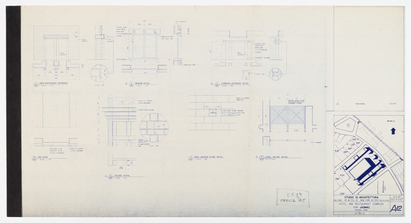 "Il Palazzo" hotel and restaurant complex, Fukuoka, Japan: office set of drawings (details, revised flanking buildings, and revised tower buildings)